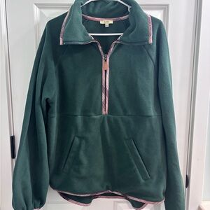 Women’s Kori America Green Fleece Half Zip Pullover Pink Plaid Trim Size Large